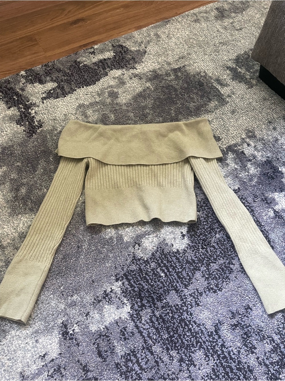 Off-Shoulder Ribbed Cropped Sweater in Sage Green
